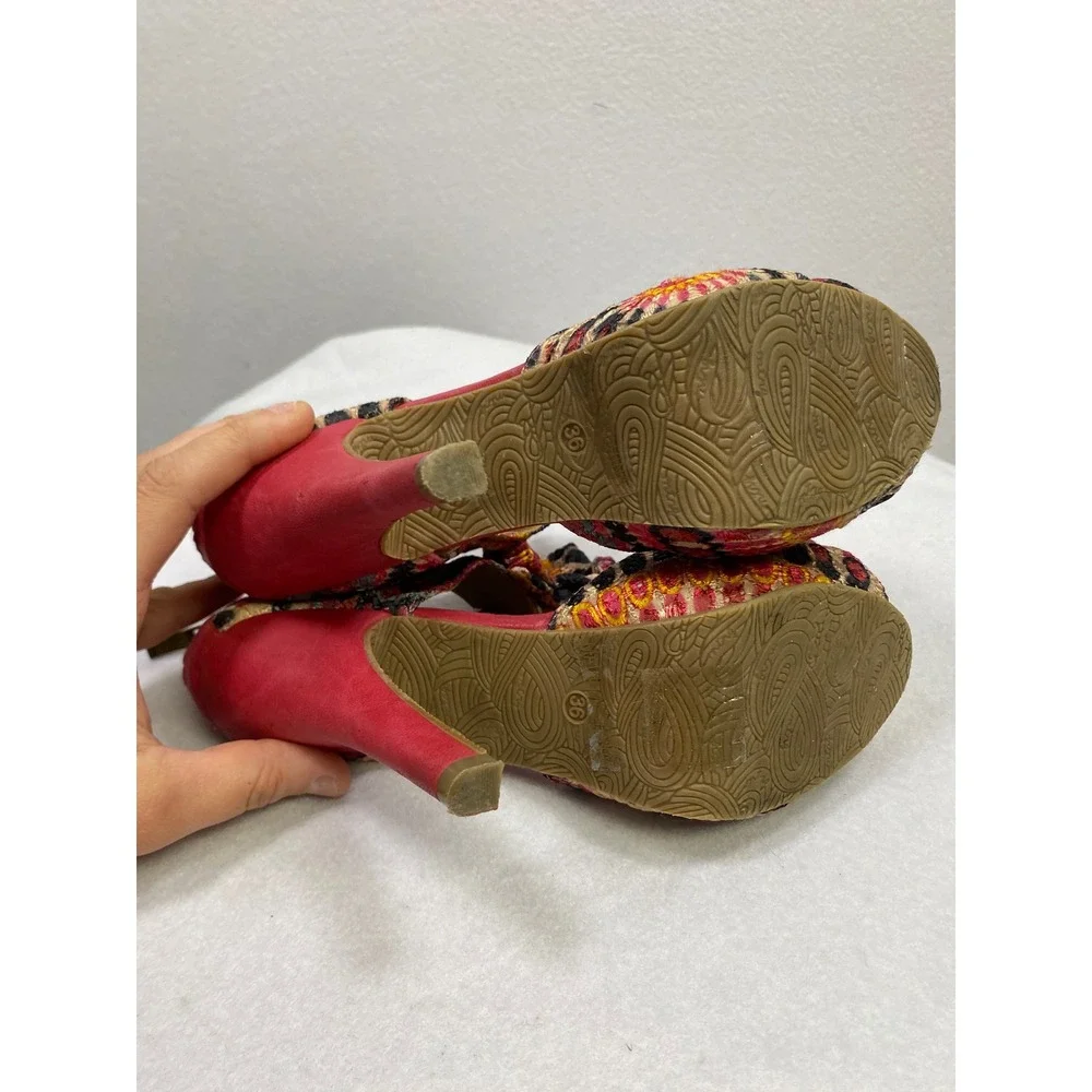 Women's Pink Tan Tribal Print‎ Stiletto Heels Sandals Open Toe Bow Ankle Strap